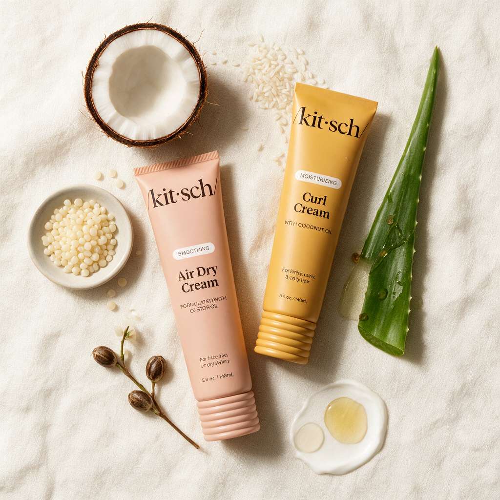 Ingredients flat-lay — coconut, candelilla wax, rice bran, aloe